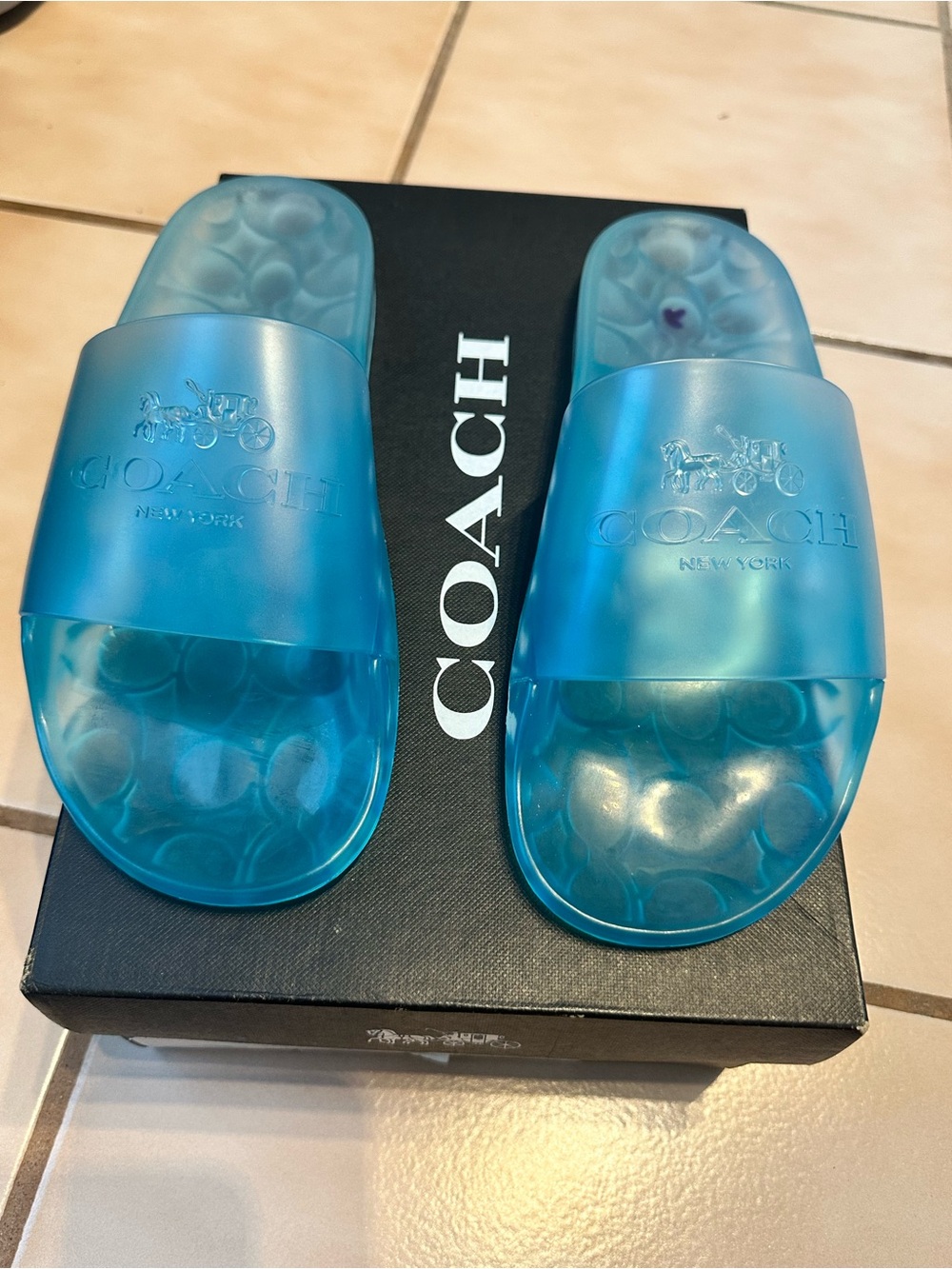 Coach Translucent Aqua Blue Logo Slide Sandals